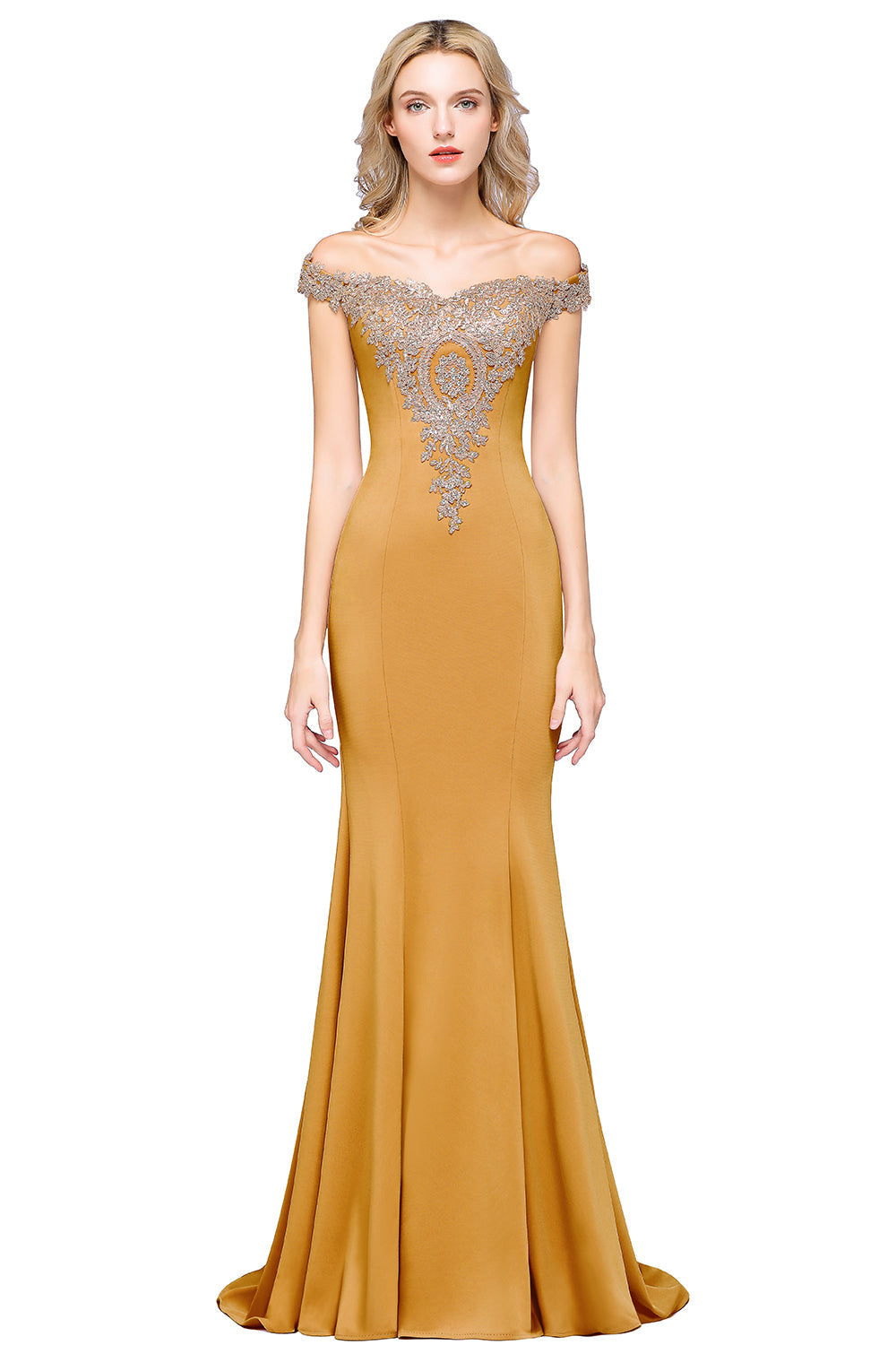 Beautiful Off-the-shoulder Floor-Length Dress with Lace Appliques