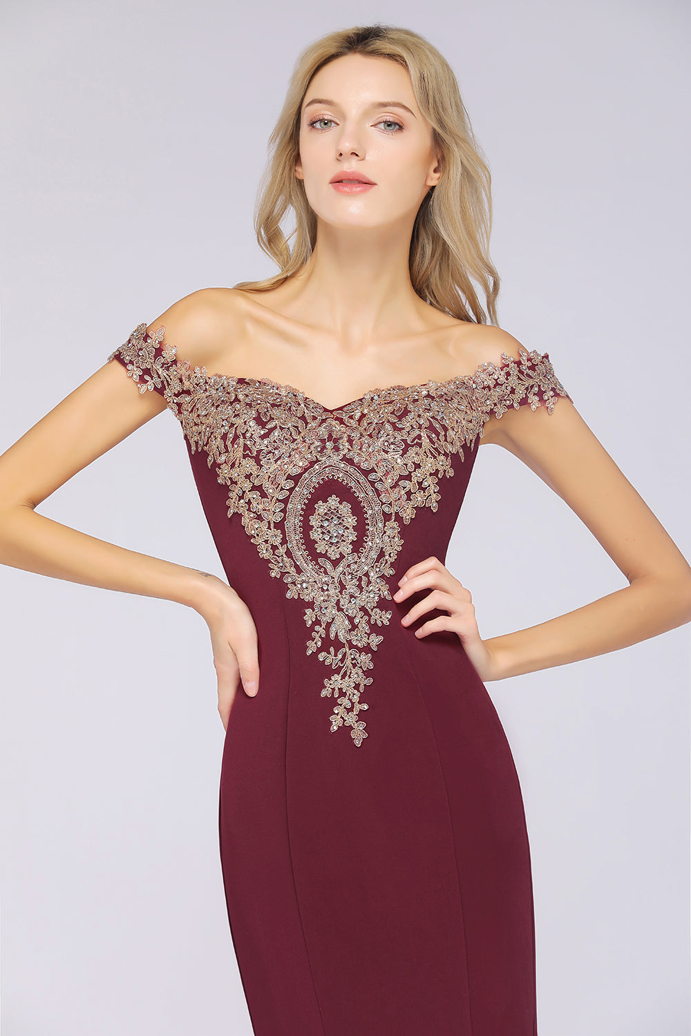 Beautiful Off-the-shoulder Floor-Length Dress with Lace Appliques