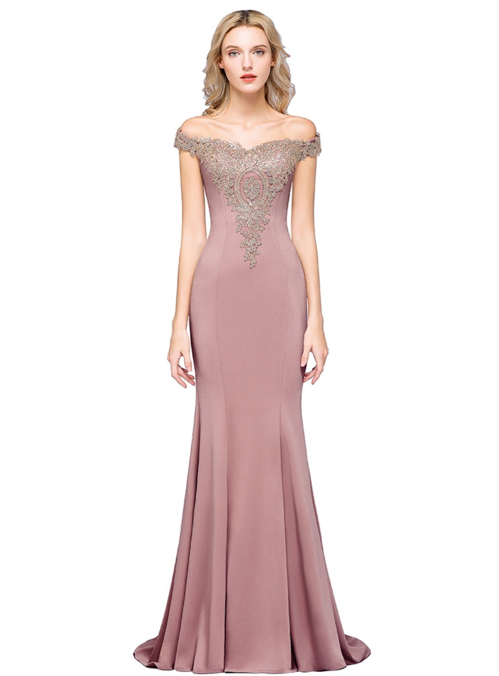 Beautiful Off-the-shoulder Floor-Length Dress with Lace Appliques