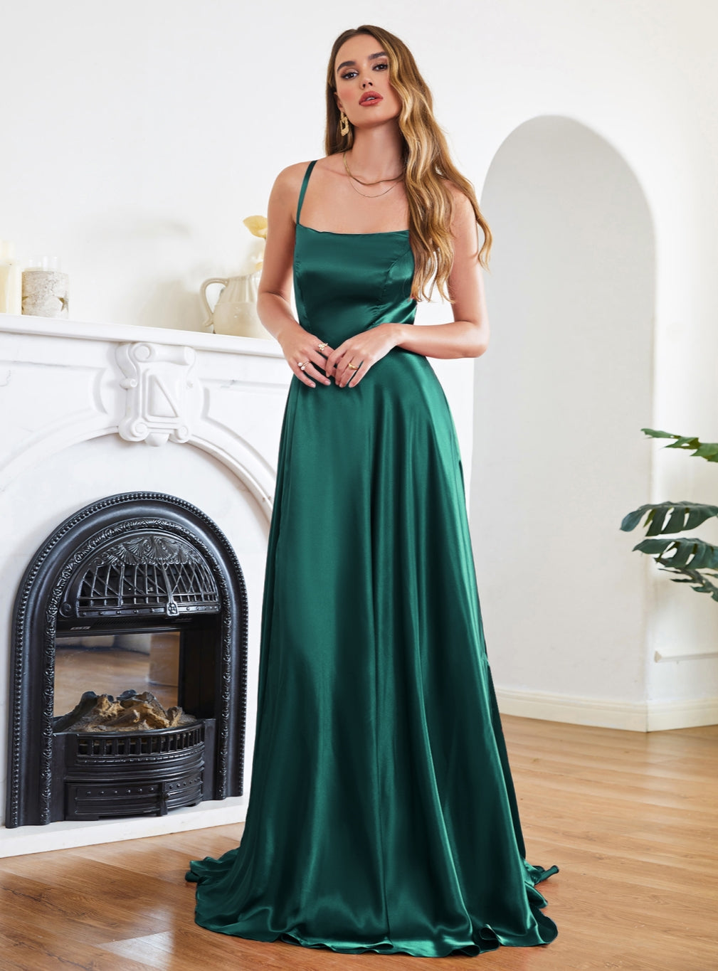 Beautiful Stunning Spaghetti Straps Satin Floor Length Dress with Side Slit