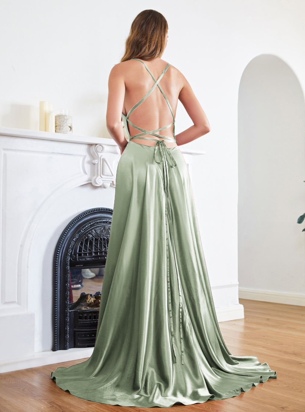 Beautiful Stunning Spaghetti Straps Satin Floor Length Dress with Side Slit