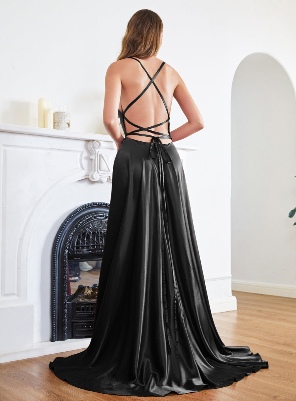 Beautiful Stunning Spaghetti Straps Satin Floor Length Dress with Side Slit