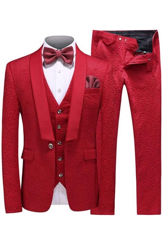 Ben Chic Red Shawl Collar Three-Piece Jacquard Groom's Wedding Ensemble