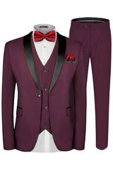 Benedict Modern Burgundy Shawl Collar Three-Piece Groom's Wedding Suit