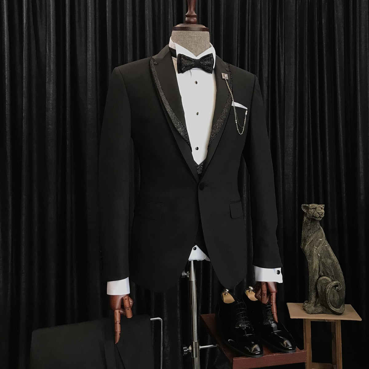 Benjamin Unique Black Wedding Suits with Sparkling Black Peaked Lapel