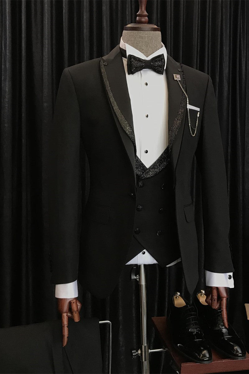 Benjamin Unique Black Wedding Suits with Sparkling Black Peaked Lapel