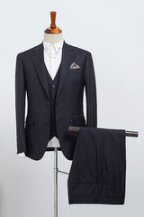 Benson Contemporary Navy Blue Striped Three Pieces Slim Fit Custom Business Suit