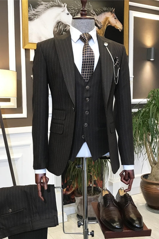 Benson Custom Brown Striped Three-Piece Peaked Lapel Men's Business Suit