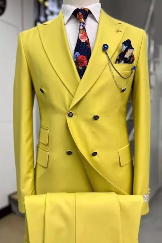 Berg Fancy Yellow Double-Breasted Peaked Lapel Prom Suit