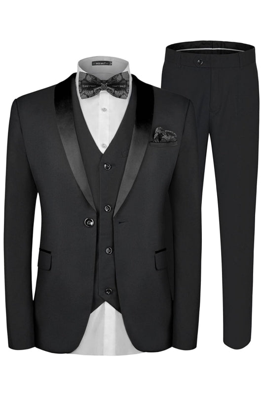 Berg Tailored Black Three-Piece Shawl Collar Wedding Attire for Men