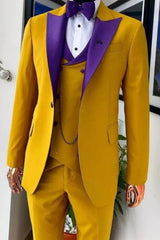 Berger Special Gold Three-Piece Prom Suit With Purple Lapel Detail