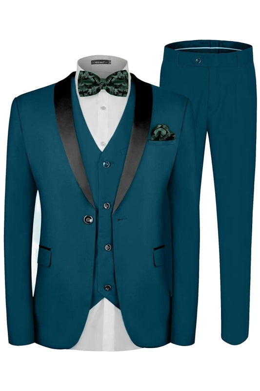 Bernard Contemporary Teal Three-Piece Shawl Collar Wedding Ensemble for Men