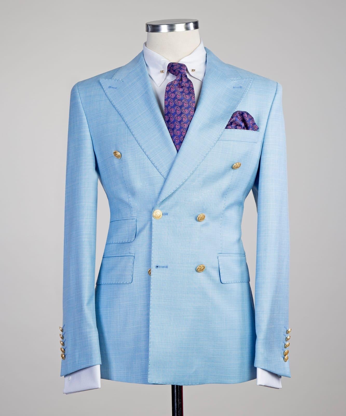 Bernie Sky Blue Latest Peak Lapel Double Breasted Two-Piece Prom Suits