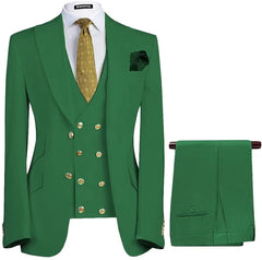 Bert Contemporary Emerald Green Peaked Lapel Three-Piece Prom Ensemble for Men