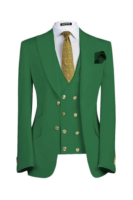 Bert Contemporary Emerald Green Peaked Lapel Three-Piece Prom Ensemble for Men