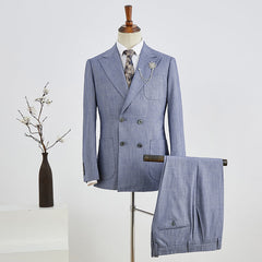 Bert Fashion Blue Plaid Peak Lapel Double Breasted Custom Business Suit