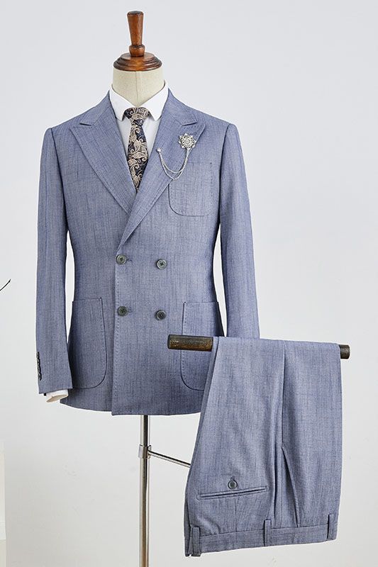 Bert Fashion Blue Plaid Peak Lapel Double Breasted Custom Business Suit