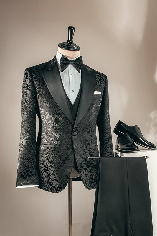 Bert Formal Black Peaked Lapel Three-Piece Jacquard Prom Suit