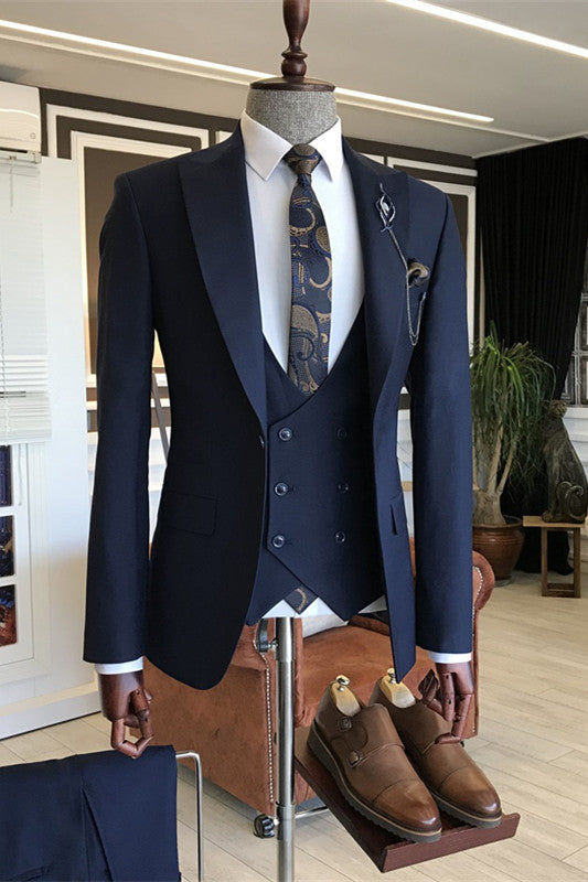 Bertram Formal Navy Blue Three-Piece Peaked Lapel Business Suit