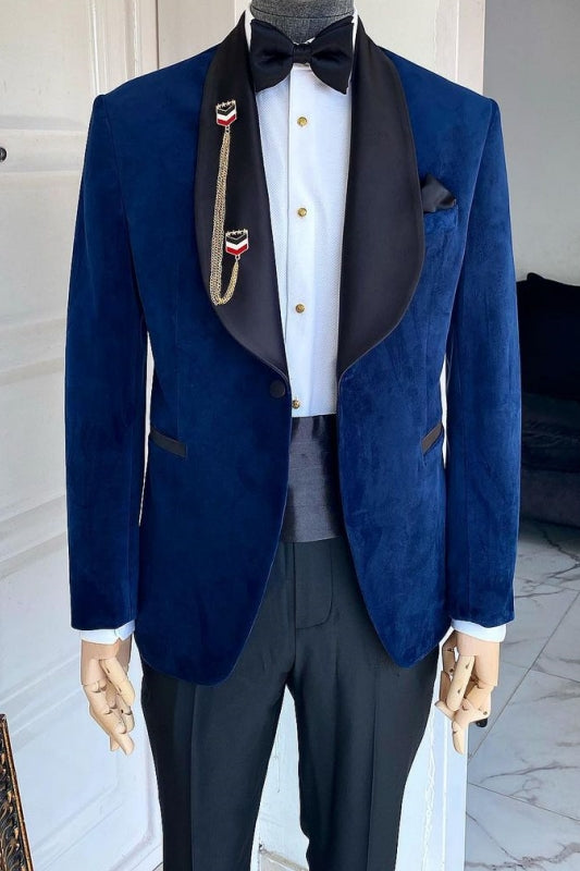 Bertram Latest Navy Blue Wedding Suit With Black Shawl Collar