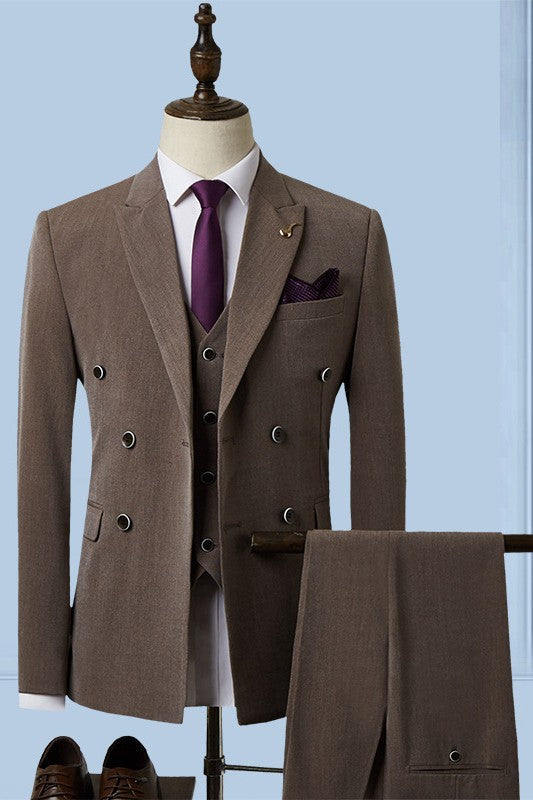 Bespoke Taupe Brown Single Breasted Three-Piece Peaked Lapel Business Suit