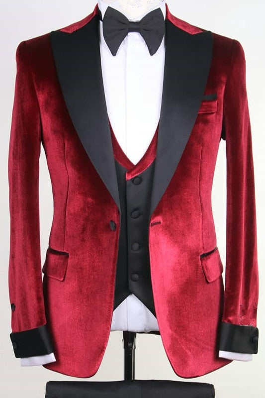 Bevis Latest Burgundy Peaked Lapel Three-Piece Velvet Prom Suit