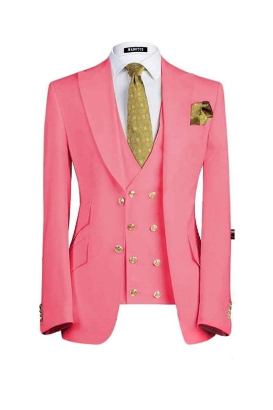 Bill Deluxe Candy Pink Three-Piece Peaked Lapel Prom Suit For Men