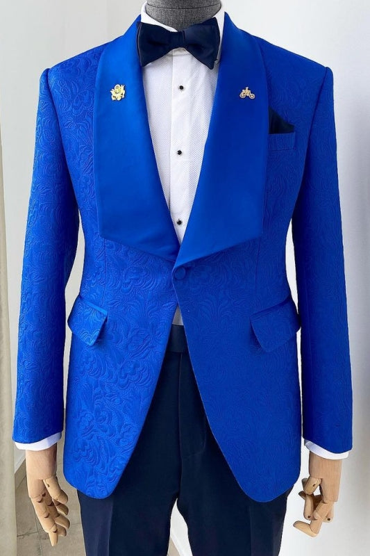 Bill Luxurious Royal Blue Shawl Collar Slim Fit Jacquard Wedding Attire