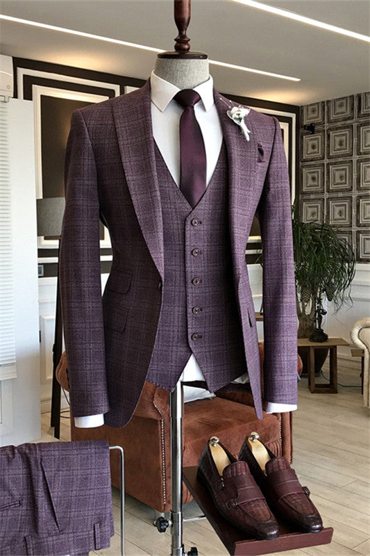 Bill Stylish Purple Peaked Lapel Plaid Three-Piece Business Suit