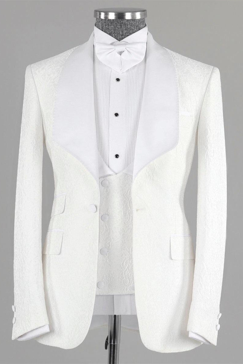 Billy White Jacquard Bespoke Three-Piece Wedding Suit with Shawl Lapel