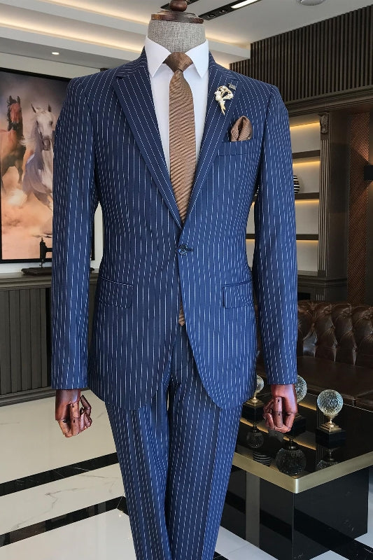 Bishop Trendy Blue Notched Lapel Striped Prom Suit For Men