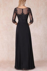 Black Long A-line V-neck Lace Chiffon Mother of The Bride Dresses with Sleeves