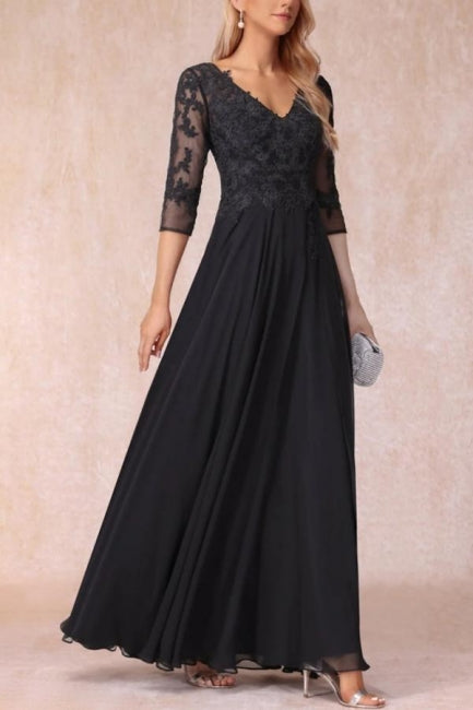 Black Long A-line V-neck Lace Chiffon Mother of The Bride Dresses with Sleeves