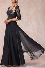 Black Long A-line V-neck Lace Chiffon Mother of The Bride Dresses with Sleeves