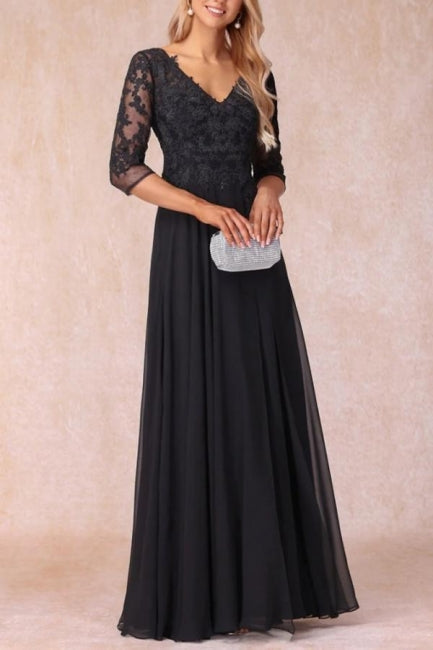 Black Long A-line V-neck Lace Chiffon Mother of The Bride Dresses with Sleeves