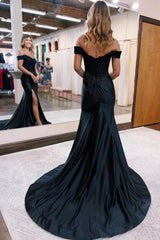 Black Off the shoulder high split mermaid prom dress