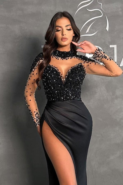 Black Split Front Halter Sweetheart Floor-Length Long Sleeves Stain Prom Dresses with Beadings