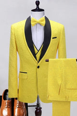 Blair Chic Yellow Shawl Lapel Three-Piece Jacquard Prom Outfit