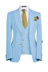 Blair Contemporary Sky Blue Three-Piece Peaked Lapel Prom Suit For Men