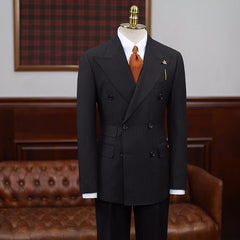 Blake Bespoke Black Striped Double Breasted Peaked Lapel Business Suit