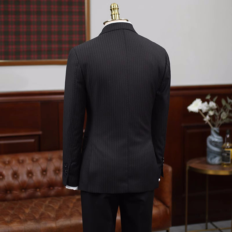 Blake Bespoke Black Striped Double Breasted Peaked Lapel Business Suit