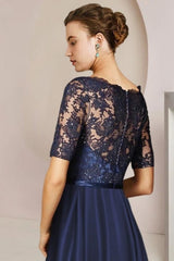 Blue Short A-line Lace Mother of The Bride Dresses with Sleeves