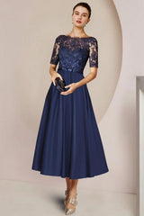 Blue Short A-line Lace Mother of The Bride Dresses with Sleeves