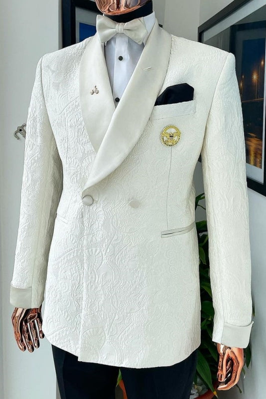 Bob Custom Ivory Shawl Collar Double Breasted Jacquard Groom's Wedding Suit