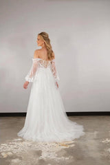 Boho Long White A-line Off-the-shoulder Lace Wedding Dresses with Long Sleeves