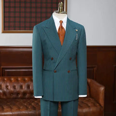 Booth Classical Ocean Blue Striped Double-Breasted Peaked Lapel Prom Suit