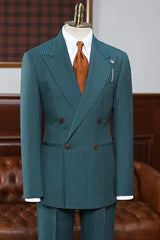 Booth Classical Ocean Blue Striped Double-Breasted Peaked Lapel Prom Suit