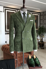 Boyd Chic Green Peaked Lapel Double-Breasted Corduroy Prom Suit For Men