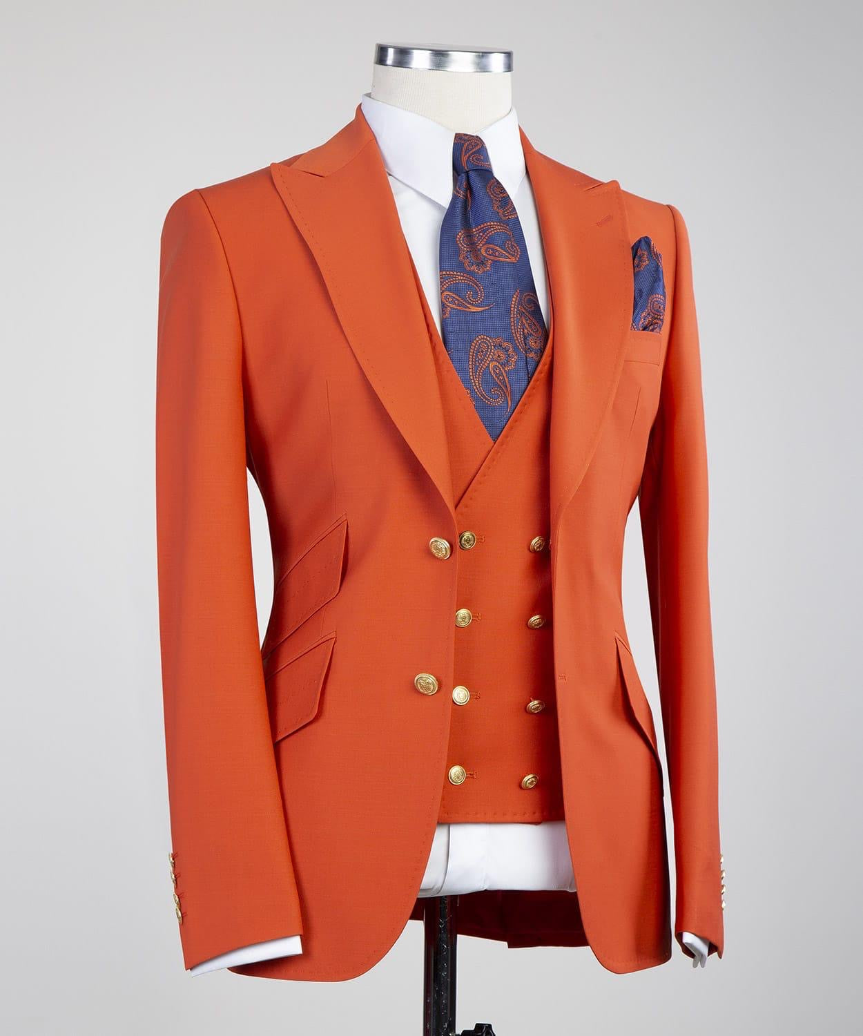 Bradford Trendy Orange Peak Lapel Three-Piece Men’s Suits