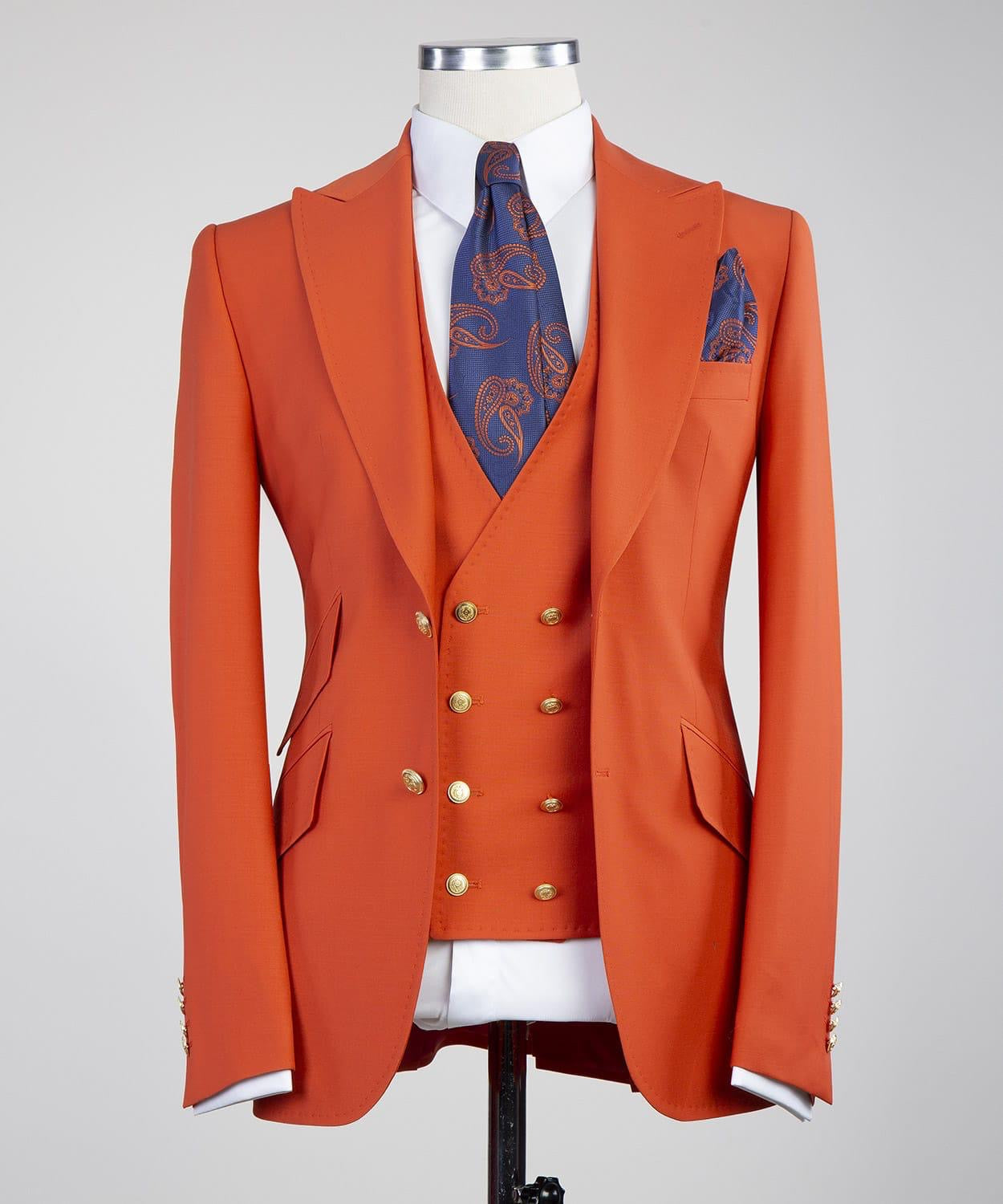 Bradford Trendy Orange Peak Lapel Three-Piece Men’s Suits